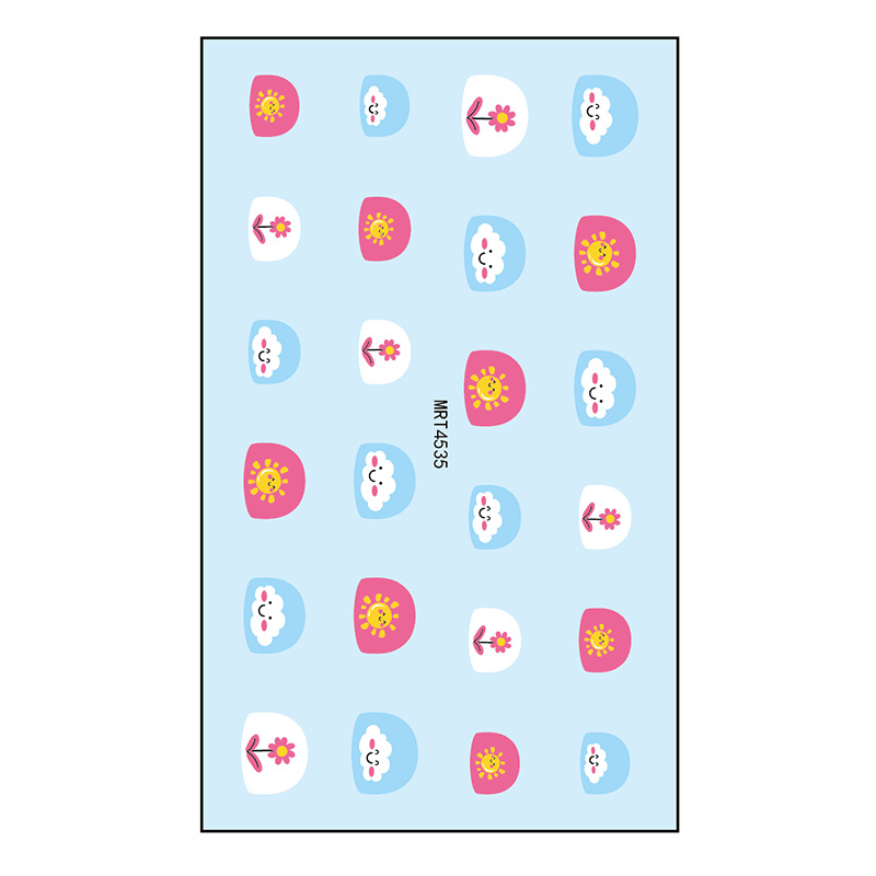 Blue-backed sheet of small colorful cartoon nail stickers